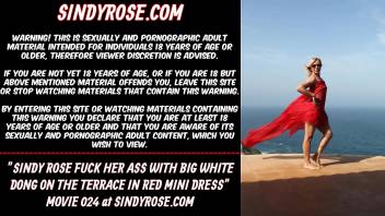 Sindy Rose fuck her ass with big white dong on the terrace in red mini dress